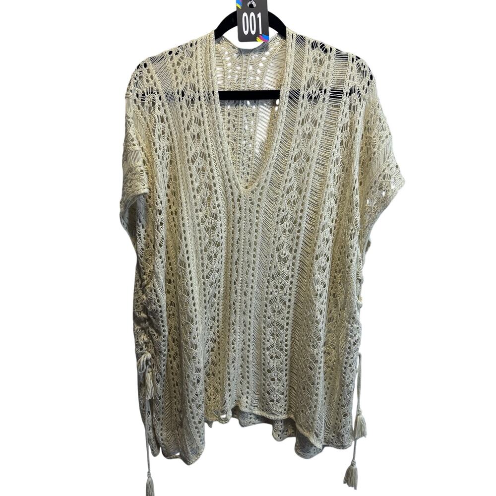 Ivory Crochet Lace Beach Cover Up V-Neck Tassel Side Tie Boho Tunic One Size